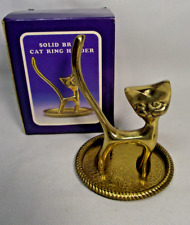 NOS Vintage Mid-Century Modern Solid Brass Cat Figurine Ring Holder with Box picture