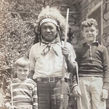 Non-postcard Photo Native American Indian Chief Posing w/2 Boys Log Cabin Arrows picture