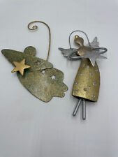 2 Vintage Metal Christmas Ornaments Angel w/Star Gold Silver Sculptured Glitter picture