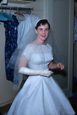 1958 Bride Getting Ready Wedding Gown Veil Gloves Vintage 35mm Slide picture
