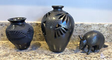 3 Pieces - Vintage Oaxaca Mexico Black Clay Armadillo Plus Two Filigree Vases picture