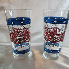 2 Collectible Vintage Large PEPSI-COLA Red & Blue Stained Glass Tumblers picture