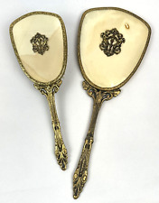 Vintage Antique Vanity Set Ormolu Gilt Filigree Hand Mirror & Brush Set Gold picture
