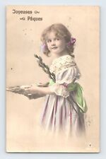 French Girl Hand Painted Happy Easter Brussels 1912 Cancel RPPC Joyeuses Paques picture