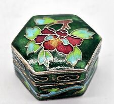 Vintage Cloisonne Hexagonal Mini Pill Box Trinket Dish Flowers Vintage picture