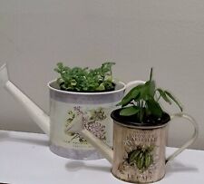 Vtg Decorative Set of (2) Metal Watering Can Shaped Spring Garden Planters Vases picture