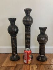 3 Hand Carved Ornate Wood Pillar Candle Holders Ronita Smith India AL-80A Brown picture