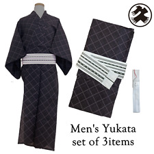 Men's Yukata Coordinate Set of 3 For Beginners : Black, Grey diamond & White obi picture