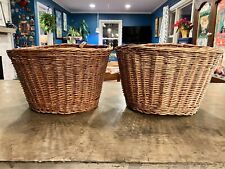 2 Vintage D Shaped Wicker Bike Bicycle Baskets Woven Wood Straps Wall Hanging picture