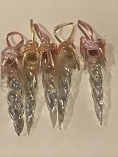 Set Of 5 Iridescent Clear Plastic Icicle Ornaments With Pink Flowers and Feather picture