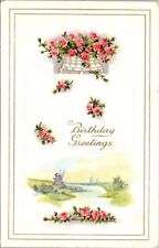 vintage postcard -Birthday Greetings flowers and countryside picture