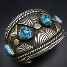 Exquisite OLD PAWN Navajo HAND STAMPED Sterling Silver TURQUOISE Cuff BRACELET picture