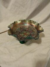 ANTIQUE NORTHWOOD GRAPE AND CABLE CARNIVAL GLASS RUFFLE BOWL GREEN AND PURPLE picture
