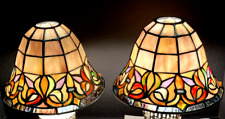 Set of 2 Vintage Tiffany Style Stained Glass Bell Shaped Turtleback Light Shades picture