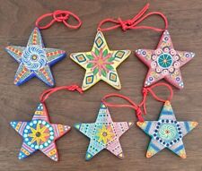 6 Ceramic Star Ornaments Christmas Handpainted Holiday Multicolor Star Set w bag picture