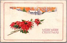 MERRY MERRY CHRISTMAS Embossed Postcard Poinsettias / Church Scene 1922 Cancel picture