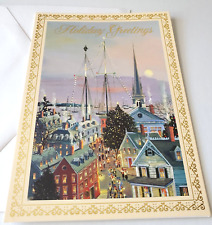 Vintage Christmas Card Red Farm Studio Old Time Ships New England Town Harbor picture