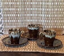 Vintage Brown Drip Glaze Coffee Cups And Saucer/plates 3 Sets picture