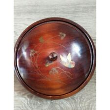 Vintage Round Wood Handpaint Gold Inlay Trinket Box Dish Removable Lid With Knob picture