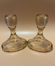 Vintage Pair Of Apricot Three Footed Oval Etched Candle Stick Holders picture