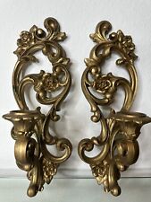 Pair of Vintage 1971 HOMCO Ornate Gold Floral Scroll Wall Sconces Candle Holders picture
