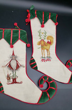 2 Patience Brewster Needlepoint Christmas Stocking Dept 56 Santa w Cat RARE Dog picture