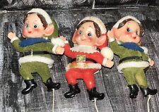 3 Vintage Small Plastic Flocked Red Dancing Santa Elves Pixie Picks Christmas picture