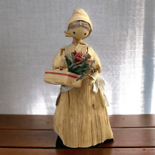 Handmade Corn Husk Doll w/ Holding Basket. Vintage. picture