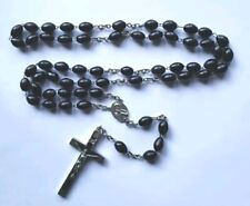 Vtg Lrg Black Wood Beads Nun's Rosary 32 In Mary Medal Crucifix 3 Inches  picture