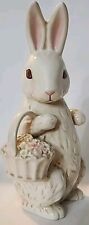 Vtg White Rabbit Holding Basket of Flowers Figurine Glazed Ceramic 6” Tall EUC  picture