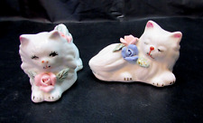 Two Vintage 1980's Hand Painted Flowers Old White Porcelain Kitty Cat Figurines picture