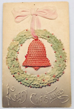 Antique 1910's Embossed Christmas Holiday Wreath with Bell & Bow Postcard picture