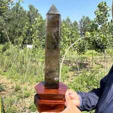 5.43LB Natural Smokey Quartz Obelisk Tourmaline Crystal Wand Point Tower + Stand picture