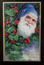 Santa Claus Christmas Antique Germany Blue Hat 1910 Embossed Holly Gold Leaf  picture