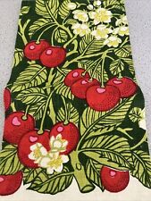 Linen 1960s Kitchen Tea Towel green leaves, red cherries, never used picture