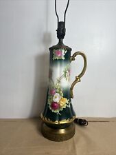 Rare Antique French Pink Floral Pitcher Table Lamp Hand painted + Signed 32