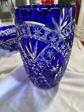 Superb Cobalt Blue Cased Cut to Clear Imperlux hand Cut Crystal Vase Star Design picture
