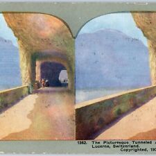 c1900s Lake Lucerne, Switzerland Tunnel Axenstrasse Litho Photo Stereo Card V9 picture