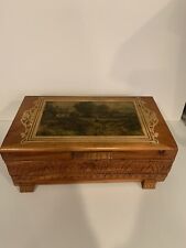 Vintage Cedar Wood Jewelry Box Storage Chest W/Country Scene Photo On Top NICE picture