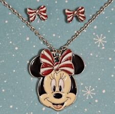 2 PC Claire’s Disney Minnie Mouse Peppermint Bow Christmas Necklace Earrings Set picture