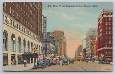 1939 Postcard Main Street Business Section Dayton Ohio OH Biltmore Cars Flags picture