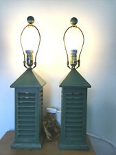 Pair Set 2 Vtg Farmhouse Pottery Barn Wooden Shutter Sage Green Table Lamps picture