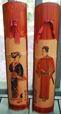 Vtg Pair SIGNED Hand Carved Painted Japan BAMBOO WALL ART PANELS Geisha &Samurai picture