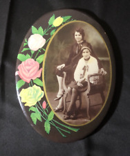 Antique Celluloid Image of 2 Ladies, Photo Mounted in Tin Floral Wall Plaque picture