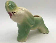 Vintage MCM Small Ceramic Elephant Planter Green White Trunk Up picture
