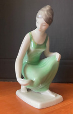 Hollohazi Porcelain Figurine Girl Dipping Water Green 7 ½