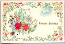 Birthday Greetings Blue & Pink Flowers Flying Bird Wishes Postcard picture