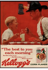 1959 KELLOGG'S Corn Flakes Cereal Boy Eating With Fireman Dad VINTAGE AD Framed picture