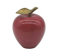 VTG Red Polish Alabaster Apple Paperweight Decor With Brass Leaf picture