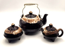 Vintage Redware Drip Glaze Teapot Creamer Sugar Set Wire Handle Ceramic Japan picture